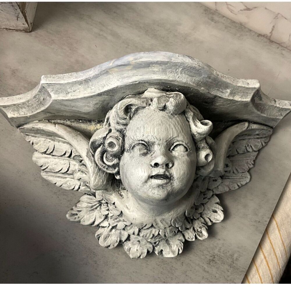 Incredible vintage plaster cherub shelf angel shelf; white painted must see